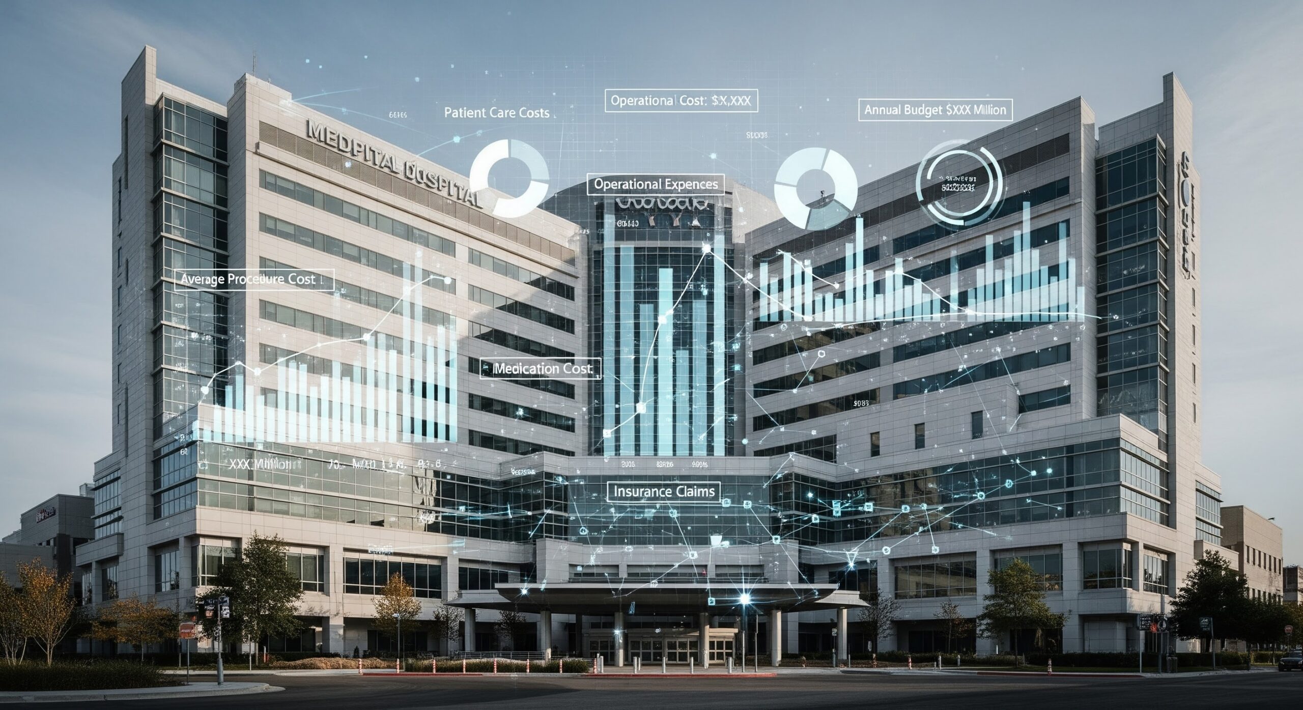 Imagem de um hospital moderno com gráficos e dados de saúde digital sobrepostas, representando tecnologia, inovação, gerenciamento de custos e análise de saúde.
